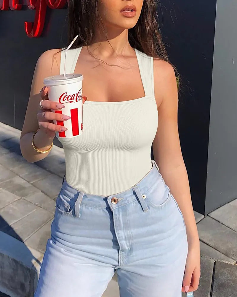 Hot Sale!🔥Sexy Ribbed Strappy Square Neck Sleeveless Bodysuits🔥