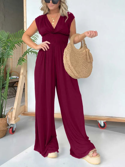 🔥V-Neckline Wide Leg Jumpsuit with Adjustable Back Tie