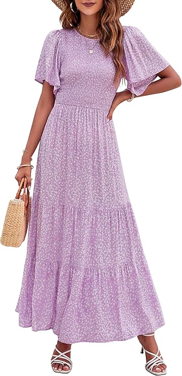 ⏰Summer Hot Sale 70% OFF👗Women's Casual Floral Print Short Flutter Sleeve Smocked High Waist Flowy Maxi Dress