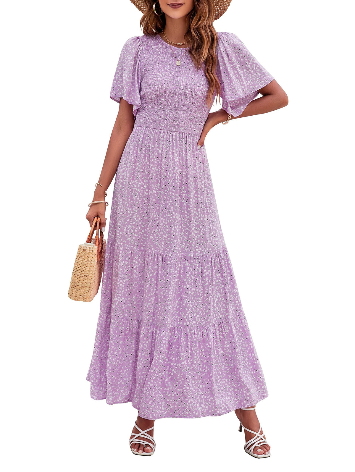 ⏰Summer Hot Sale 70% OFF👗Women's Casual Floral Print Short Flutter Sleeve Smocked High Waist Flowy Maxi Dress