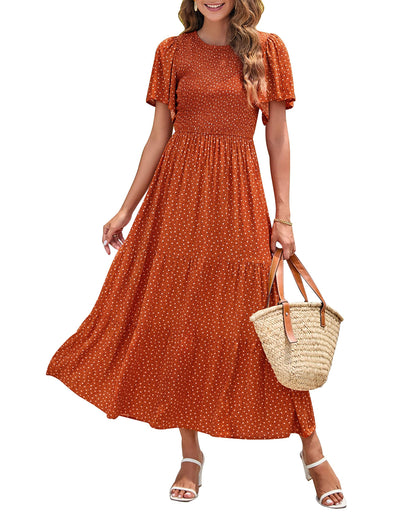 ⏰Summer Hot Sale 70% OFF👗Women's Casual Floral Print Short Flutter Sleeve Smocked High Waist Flowy Maxi Dress