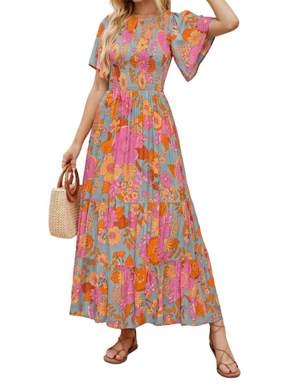 ⏰Summer Hot Sale 70% OFF👗Women's Casual Floral Print Short Flutter Sleeve Smocked High Waist Flowy Maxi Dress