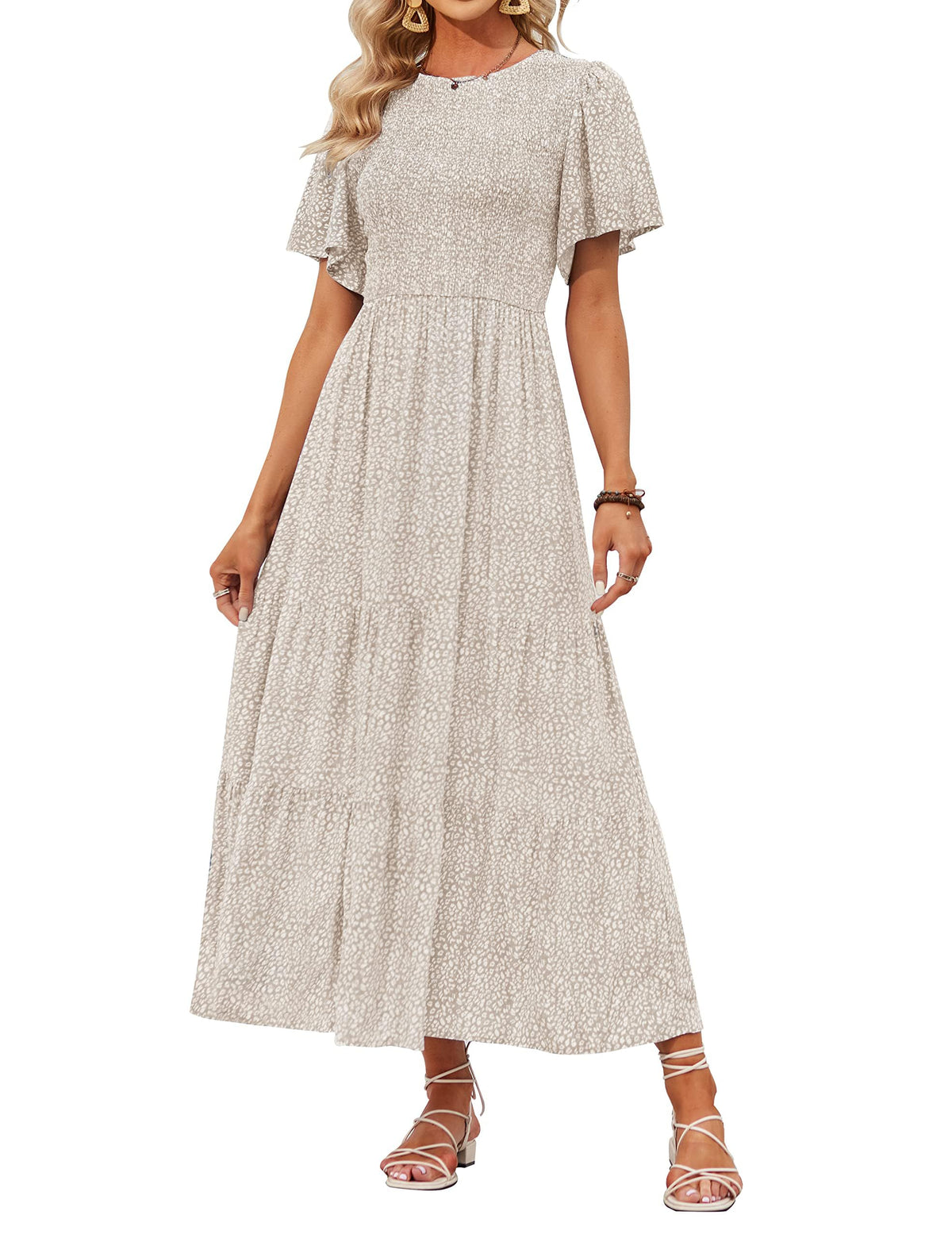 ⏰Summer Hot Sale 70% OFF👗Women's Casual Floral Print Short Flutter Sleeve Smocked High Waist Flowy Maxi Dress