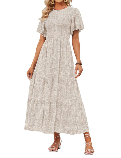 ⏰Summer Hot Sale 70% OFF👗Women's Casual Floral Print Short Flutter Sleeve Smocked High Waist Flowy Maxi Dress