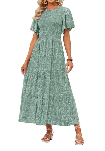 ⏰Summer Hot Sale 70% OFF👗Women's Casual Floral Print Short Flutter Sleeve Smocked High Waist Flowy Maxi Dress
