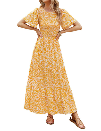 ⏰Summer Hot Sale 70% OFF👗Women's Casual Floral Print Short Flutter Sleeve Smocked High Waist Flowy Maxi Dress