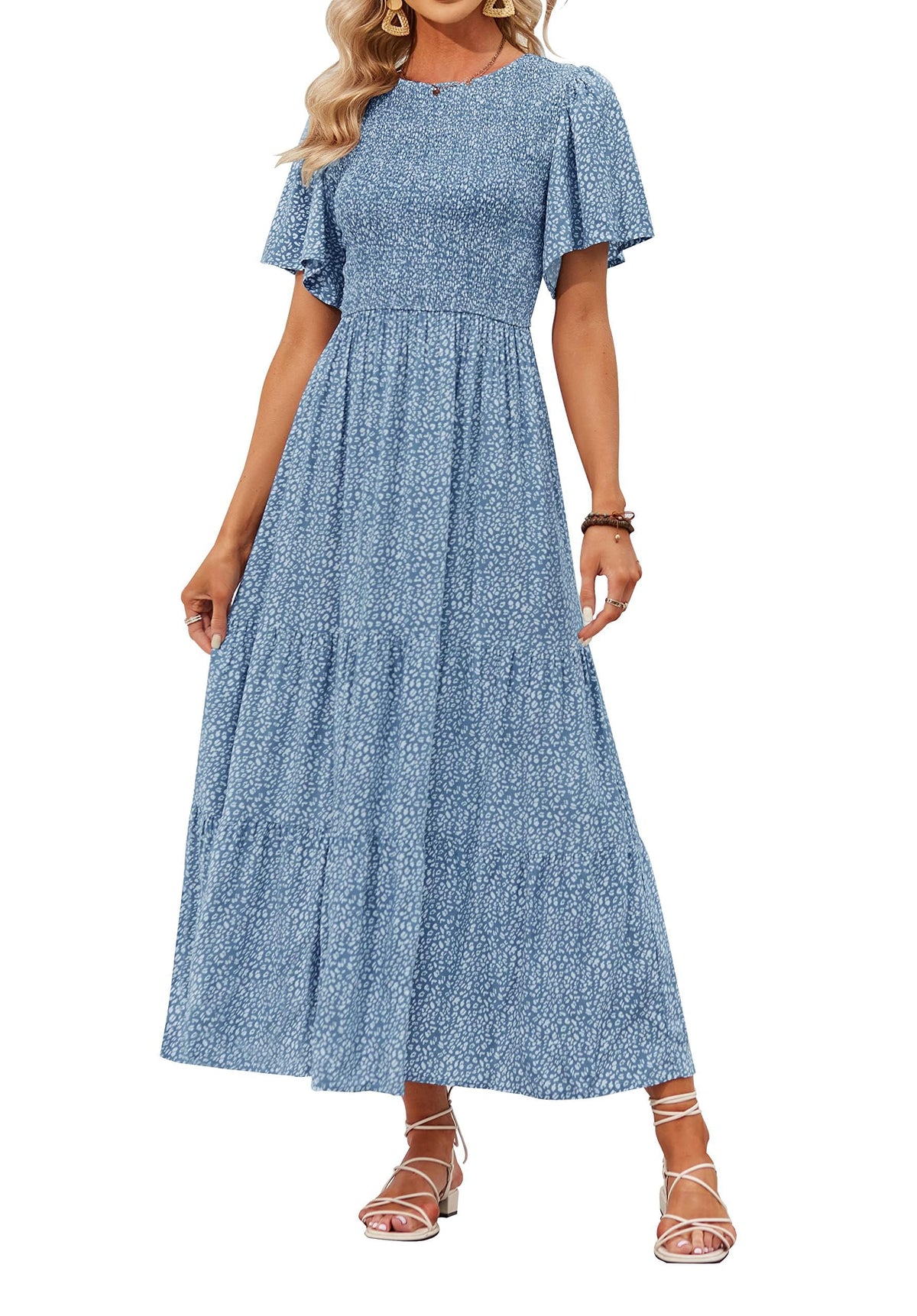 ⏰Summer Hot Sale 70% OFF👗Women's Casual Floral Print Short Flutter Sleeve Smocked High Waist Flowy Maxi Dress