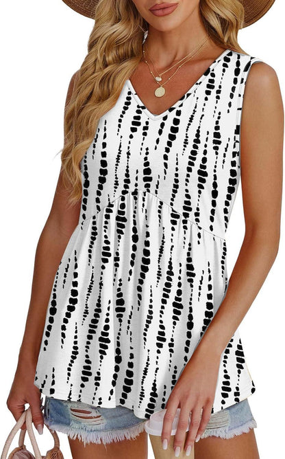 🌞HOT SALE 49% OFF👚Women's Print Flowy Sleeveless V Neck Peplum Tank Tops