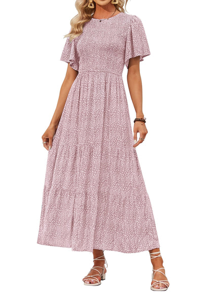 ⏰Summer Hot Sale 70% OFF👗Women's Casual Floral Print Short Flutter Sleeve Smocked High Waist Flowy Maxi Dress