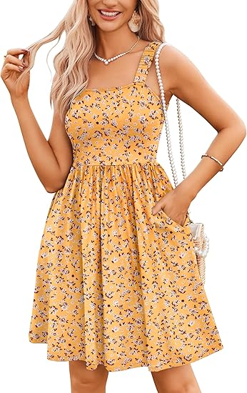 ⏰Hot Sale 70% Off💃Women's Summer Square Neck A-Line Mini Dress with Pockets