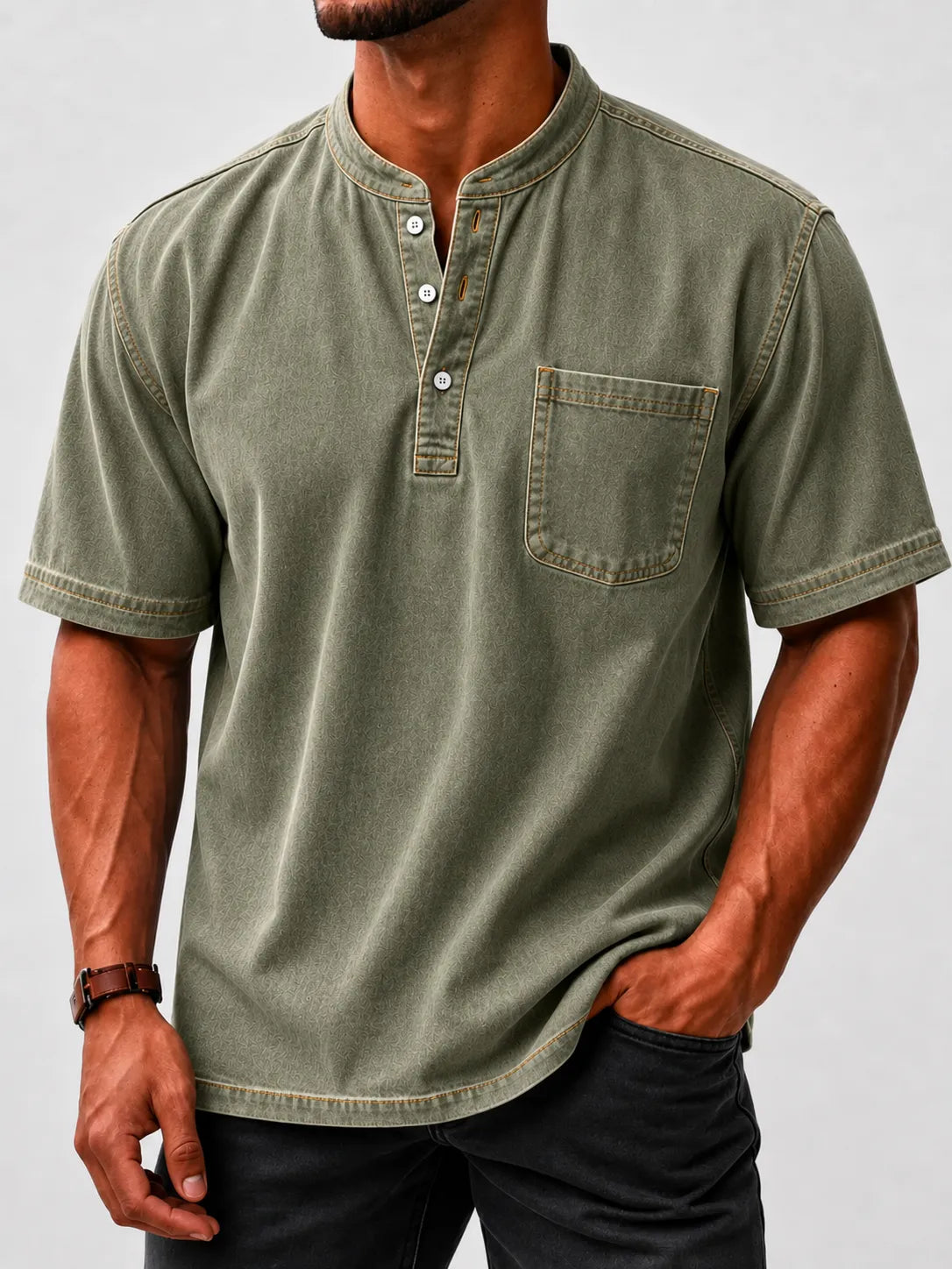 Limited Deal 8-Pack Men's Washed Stand Collar Henley Shirts, Short Sleeve Relaxed Fit Pocket Tops