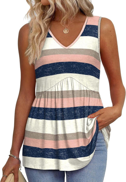 🌞HOT SALE 49% OFF👚Women's Print Flowy Sleeveless V Neck Peplum Tank Tops