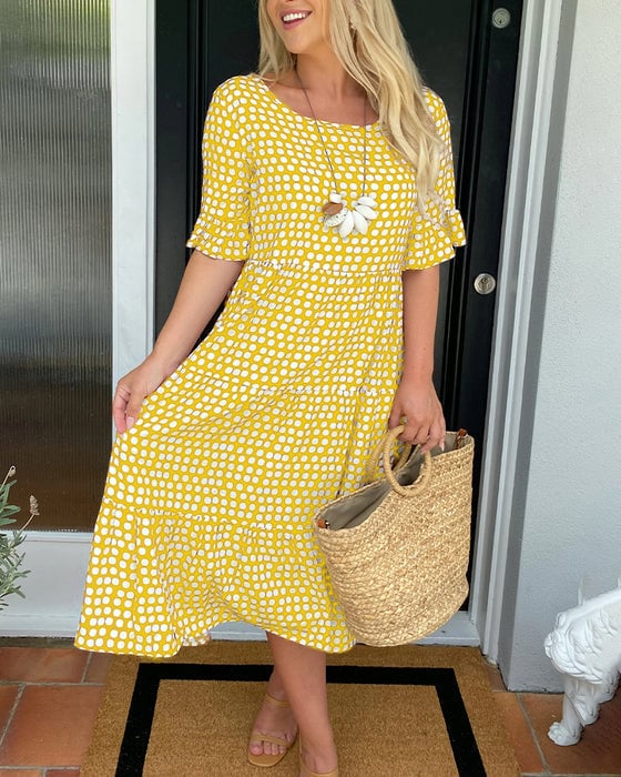 ☄️Summer Sale 50% OFF🎉Round Neck Polka Dot Print Midi Dress