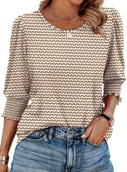 ⏰Limited Time Sale-50% OFF🏖️Women Dressy Casual 3/4 Length Sleeve Blouses with Smocked Cuffs