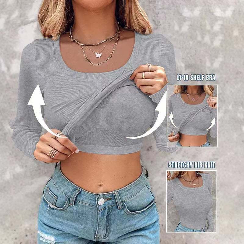 💥LAST DAY SPECIAL PRICE: ￡14.99!!🎁🔥Neck Built-in Bra Long Sleeve Ribbed Top Shirts Elegant Skinny Fit Fabric