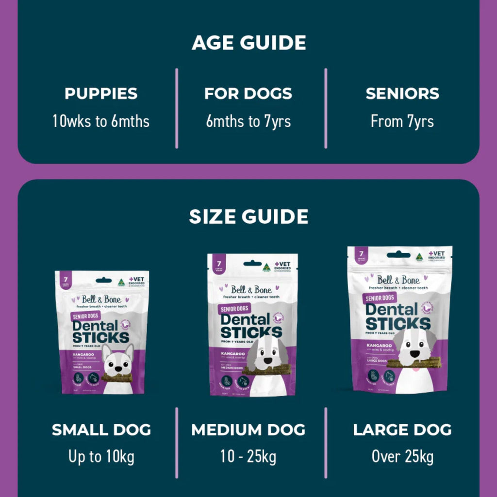 Bell and Bone Dental Sticks for Senior Dogs - Kangaroo, Mint and Rosehip