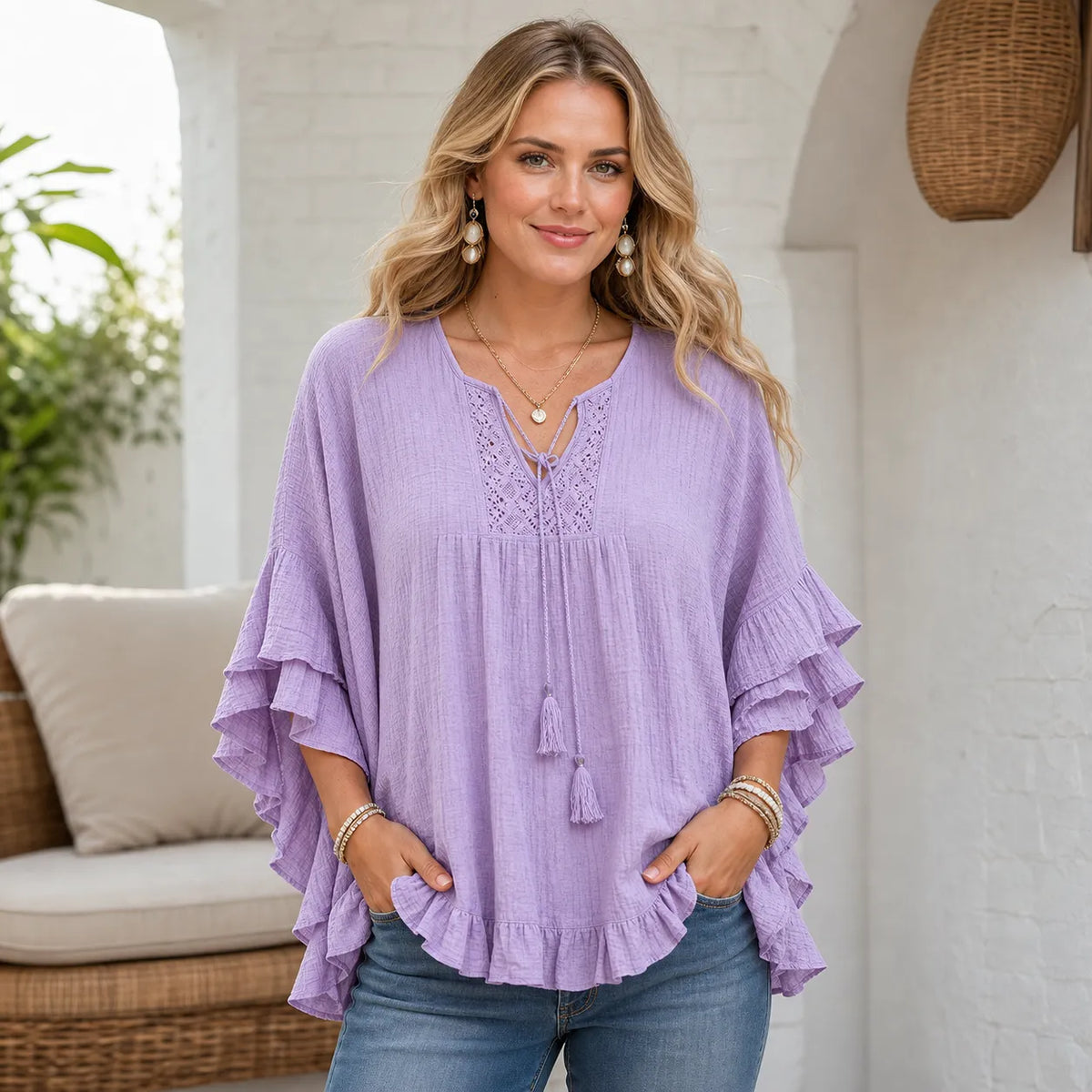 ⏰ ⚡10 Pack for $28⚡Women's Boho Ruffle Lace Tie-Neck Blouse