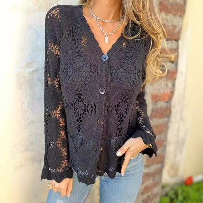 🌸 Hot Sale 50%OFF🌸Cutout Embroidered V-Neck Button Long Sleeve Top，Best gifts