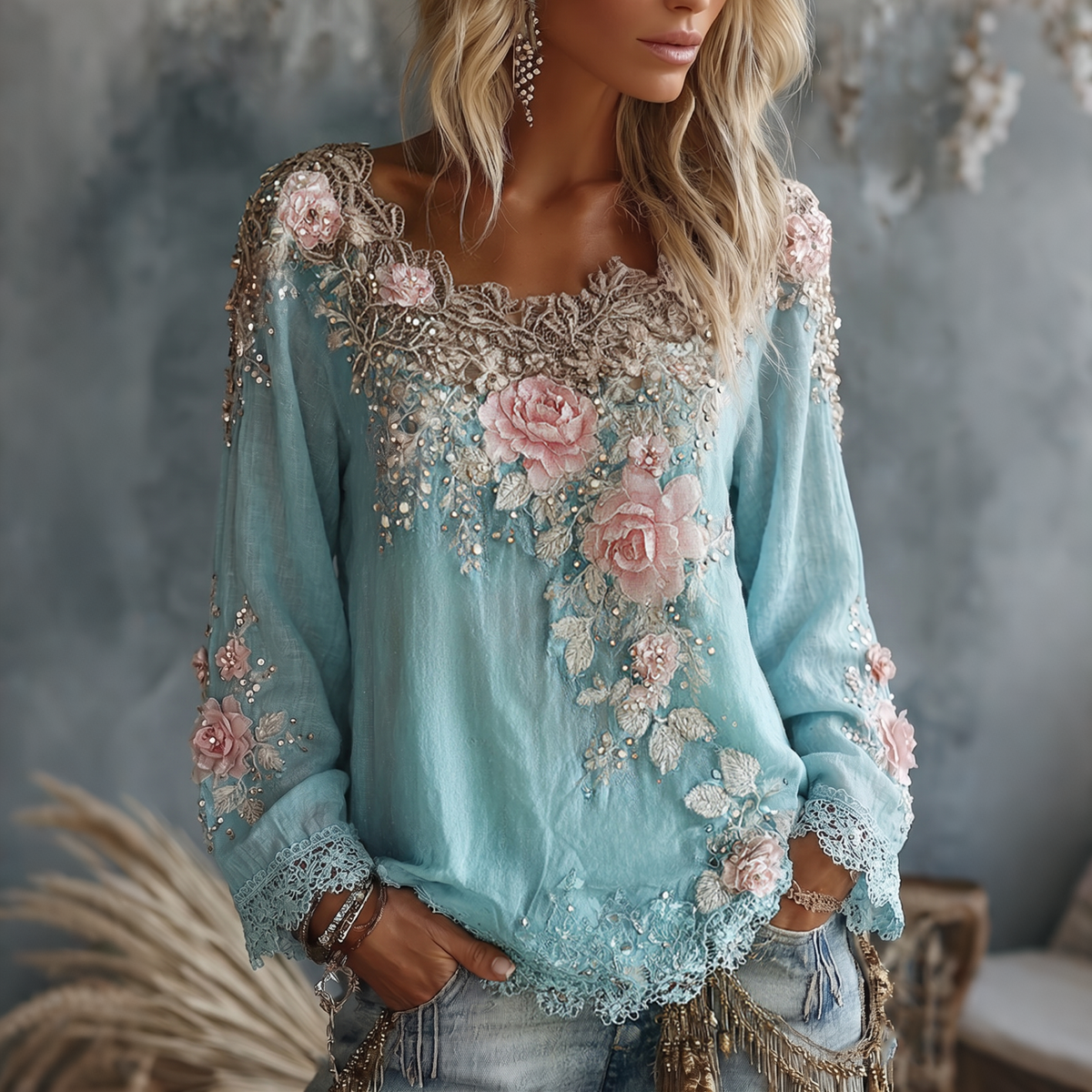 Women's Vintage Rose Floral Art Crew Neck Long Sleeve Linen T-shirt