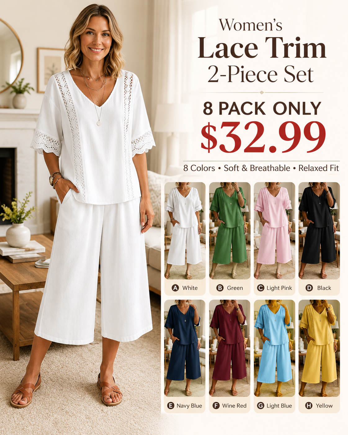 Seasonal Clearance Sale🔥8 Pack Only$32.99 Women's V-neck hollowed-out lace short-sleeved top and capri shorts two-piece set