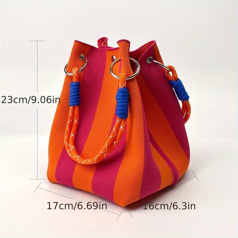 🏆 Limited-Time Sale: 60% OFF 🌴 Boho Striped Knit Bucket Handbag for Women – Handmade Summer Beach Shoulder Bag