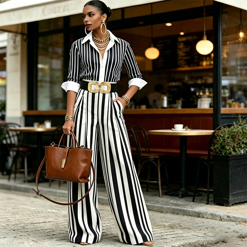 💞SUMMER HOT SALE💞50K+ SOLD!💥60% OFF! 🔥 Women's Striped Shirt & Wide-Leg Pants 2-Piece Set