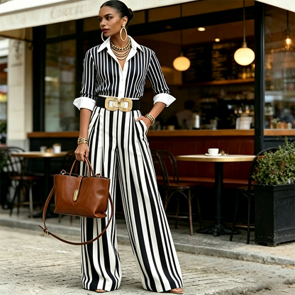 💞SUMMER HOT SALE💞50K+ SOLD!💥60% OFF! 🔥 Women's Striped Shirt & Wide-Leg Pants 2-Piece Set