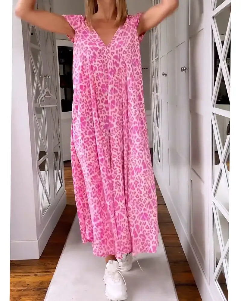 🌸Spring Sale 50% OFF🍒V-neck Printed Short-sleeved Long Dress