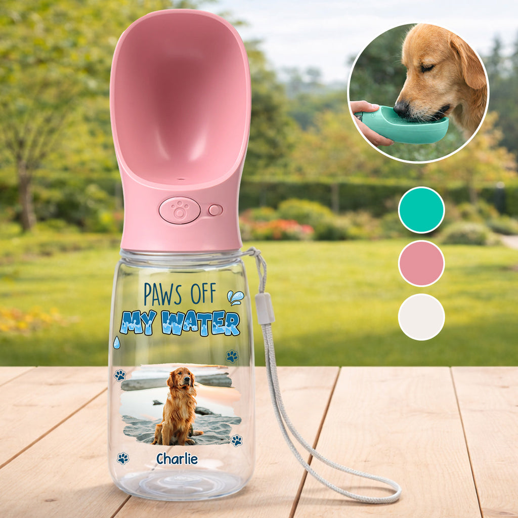Paws Off My Water Photo - Personalized Pet Water Bottle With Drinking Feeder