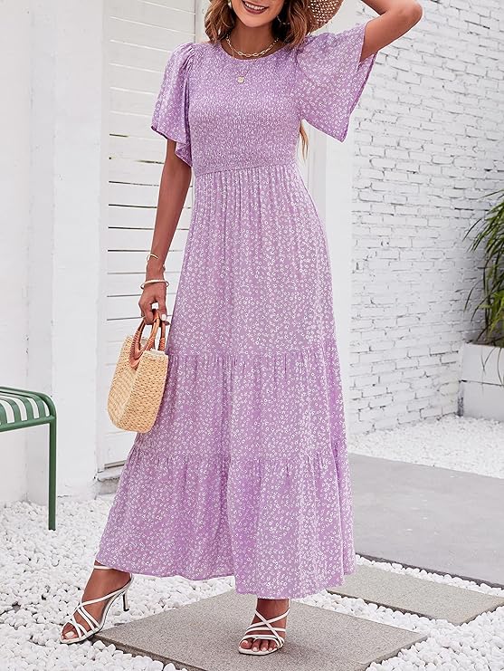 ⏰Summer Hot Sale 70% OFF👗Women's Casual Floral Print Short Flutter Sleeve Smocked High Waist Flowy Maxi Dress