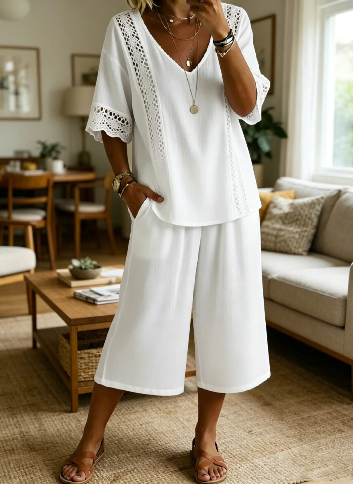 Seasonal Clearance Sale🔥8 Pack Only$32.99 Women's V-neck hollowed-out lace short-sleeved top and capri shorts two-piece set