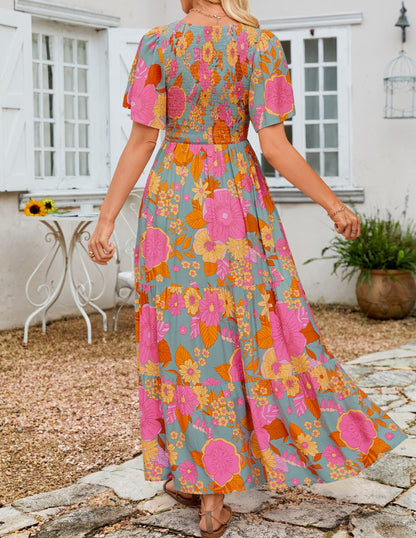 ⏰Summer Hot Sale 70% OFF👗Women's Casual Floral Print Short Flutter Sleeve Smocked High Waist Flowy Maxi Dress