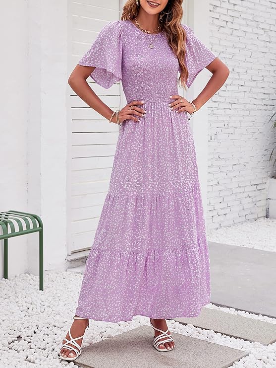 ⏰Summer Hot Sale 70% OFF👗Women's Casual Floral Print Short Flutter Sleeve Smocked High Waist Flowy Maxi Dress