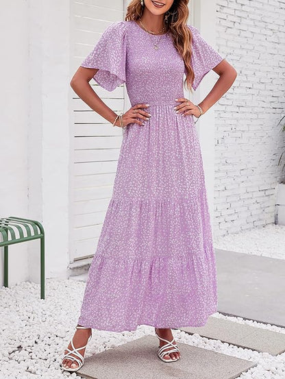 ⏰Summer Hot Sale 70% OFF👗Women's Casual Floral Print Short Flutter Sleeve Smocked High Waist Flowy Maxi Dress