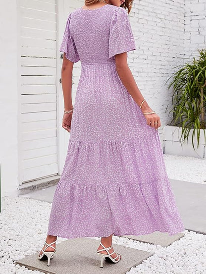 ⏰Summer Hot Sale 70% OFF👗Women's Casual Floral Print Short Flutter Sleeve Smocked High Waist Flowy Maxi Dress
