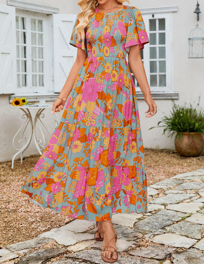 ⏰Summer Hot Sale 70% OFF👗Women's Casual Floral Print Short Flutter Sleeve Smocked High Waist Flowy Maxi Dress