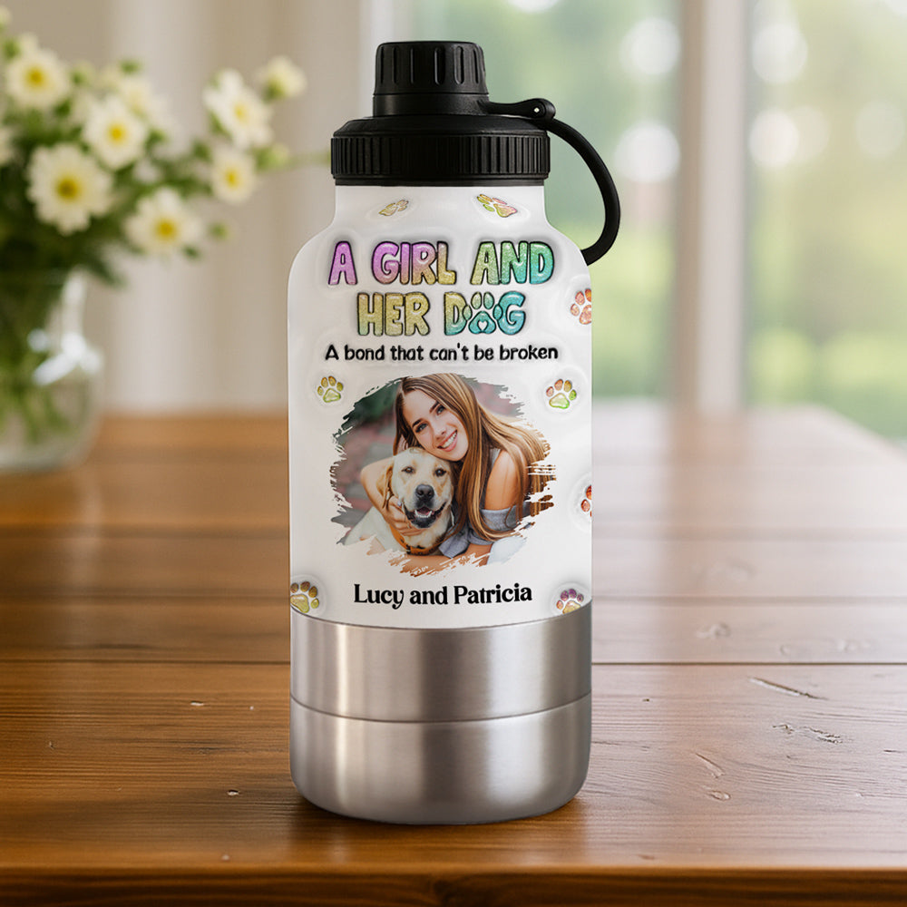 A Girl And Her Dog Photo - Personalized 3D Inflated Effect 30oz Water Bottle With Pet Bowl