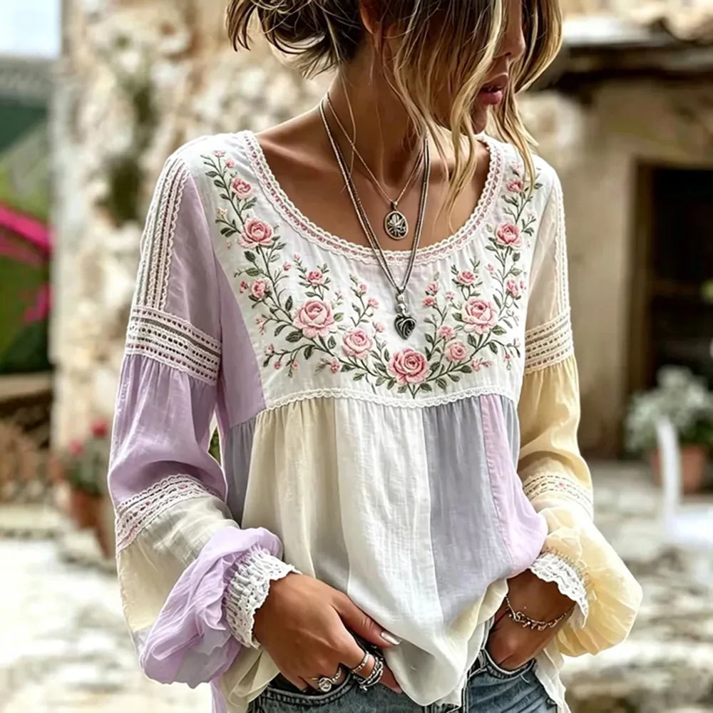 Women's Retro Rose Art Embroidery Color Block Comfortable Cotton Linen Long Sleeve Top