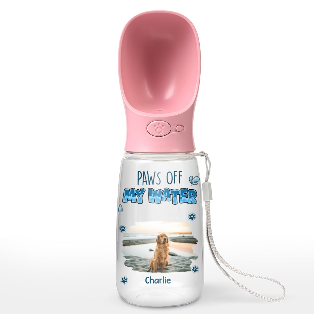 Paws Off My Water Photo - Personalized Pet Water Bottle With Drinking Feeder