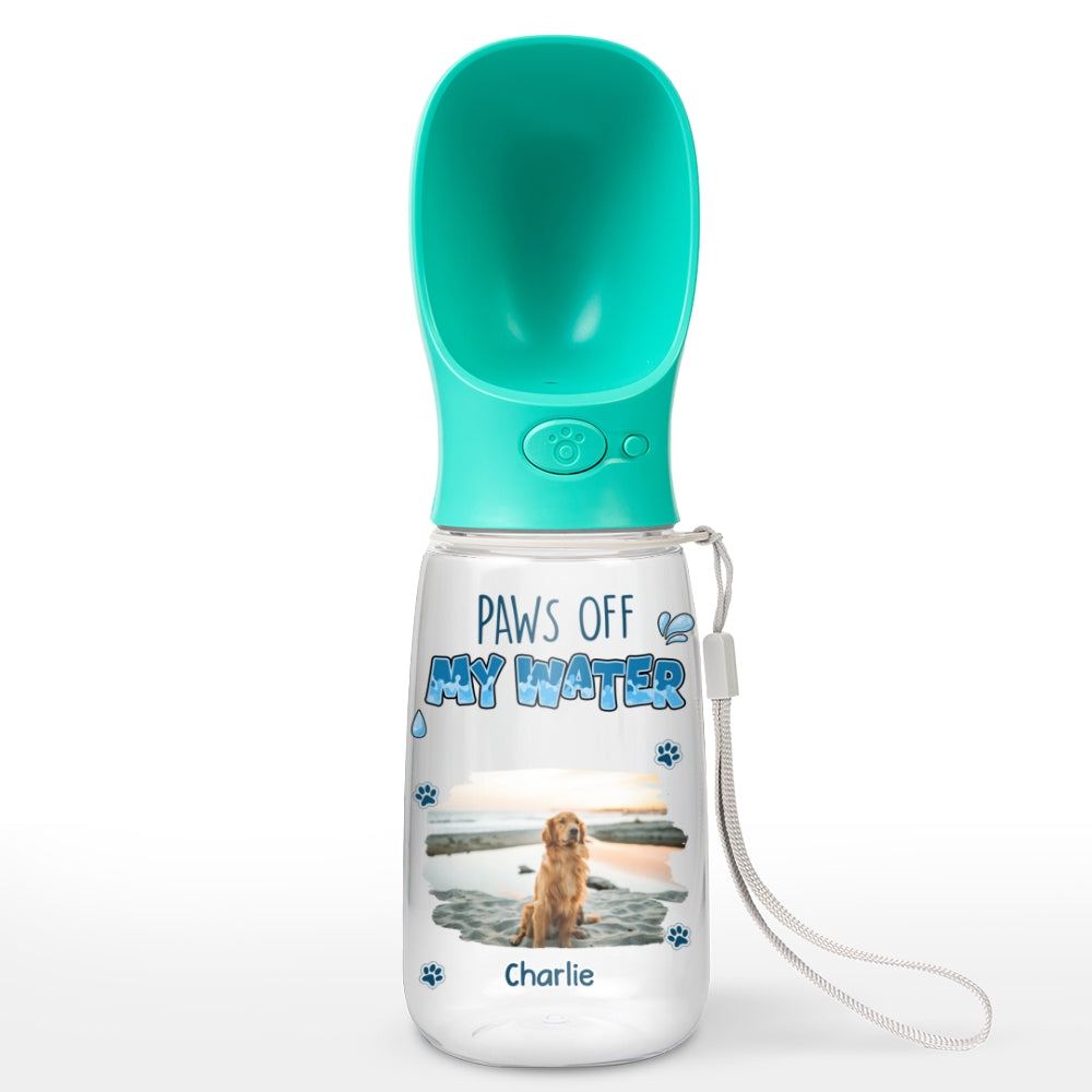 Paws Off My Water Photo - Personalized Pet Water Bottle With Drinking Feeder