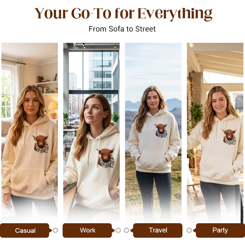 🎅CHRISTMAS SALE 50% OFF!!❤️‍🔥🐂Cute Highland Cow Cozy Fleece-Lined Hooded Sweatshirt