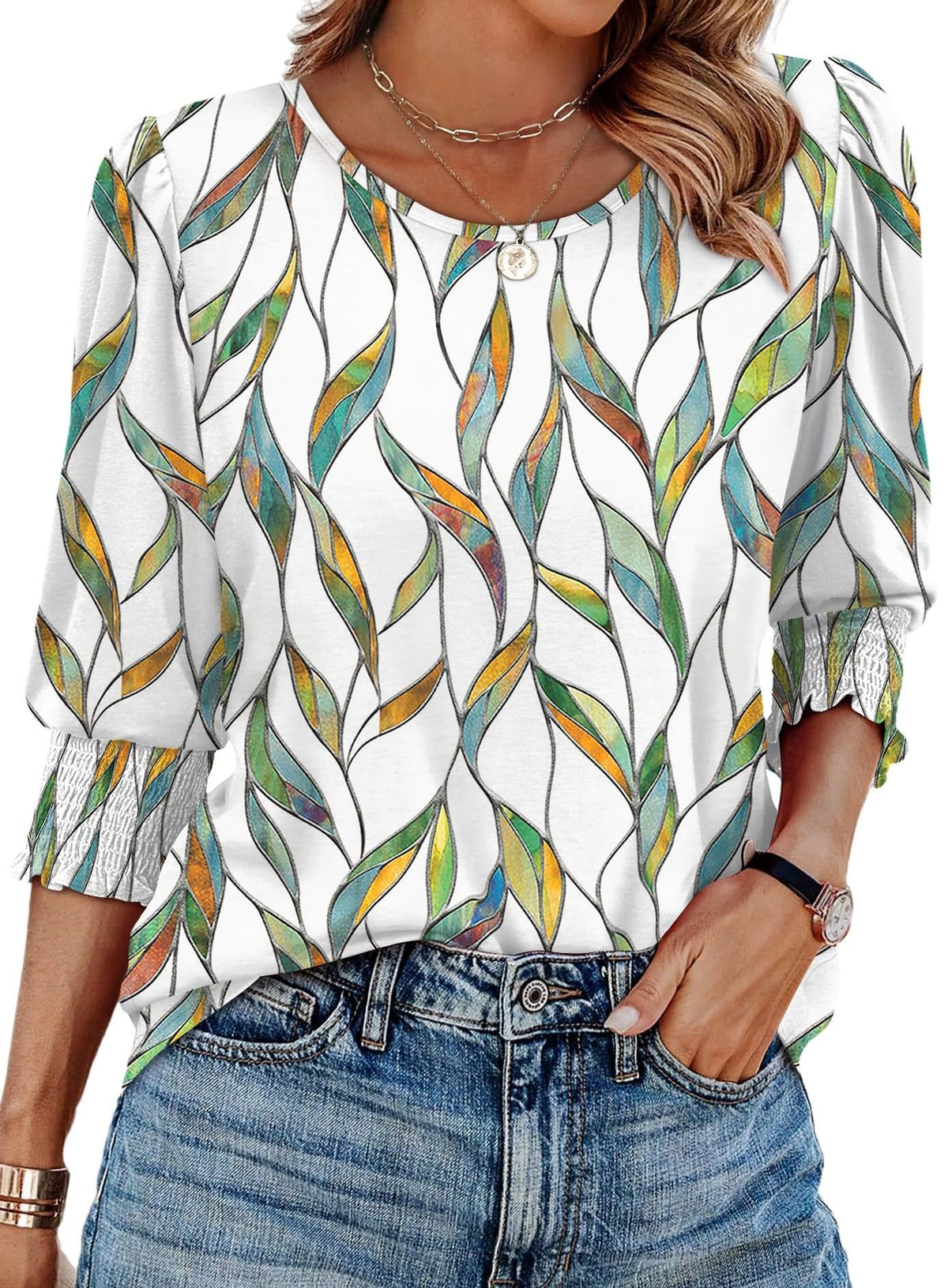⏰Limited Time Sale-50% OFF🏖️Women Dressy Casual 3/4 Length Sleeve Blouses with Smocked Cuffs
