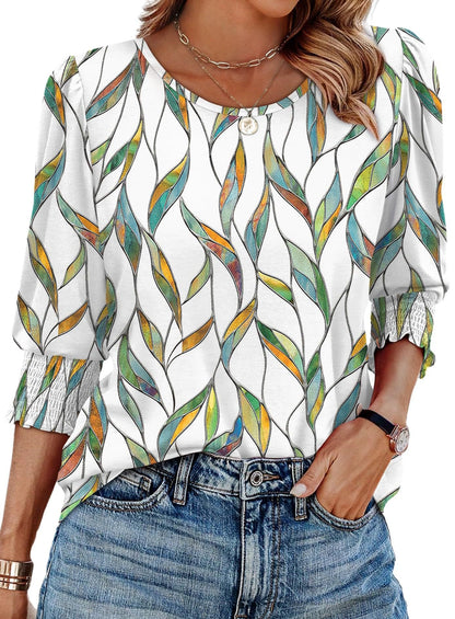 ⏰Limited Time Sale-50% OFF🏖️Women Dressy Casual 3/4 Length Sleeve Blouses with Smocked Cuffs