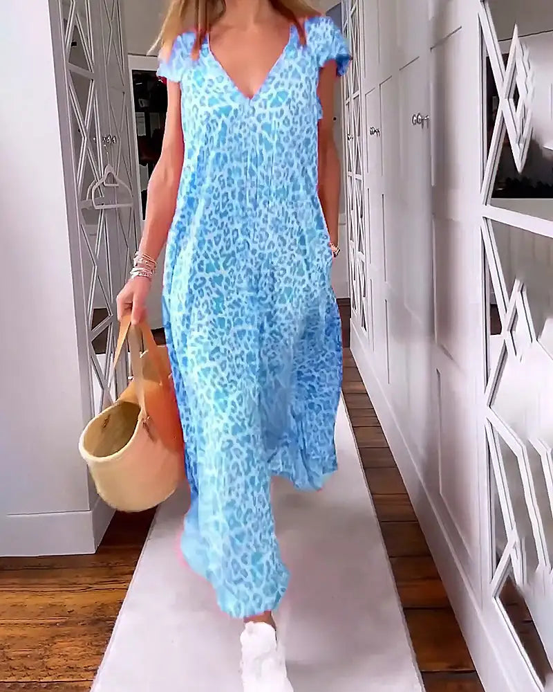 🌸Spring Sale 50% OFF🍒V-neck Printed Short-sleeved Long Dress