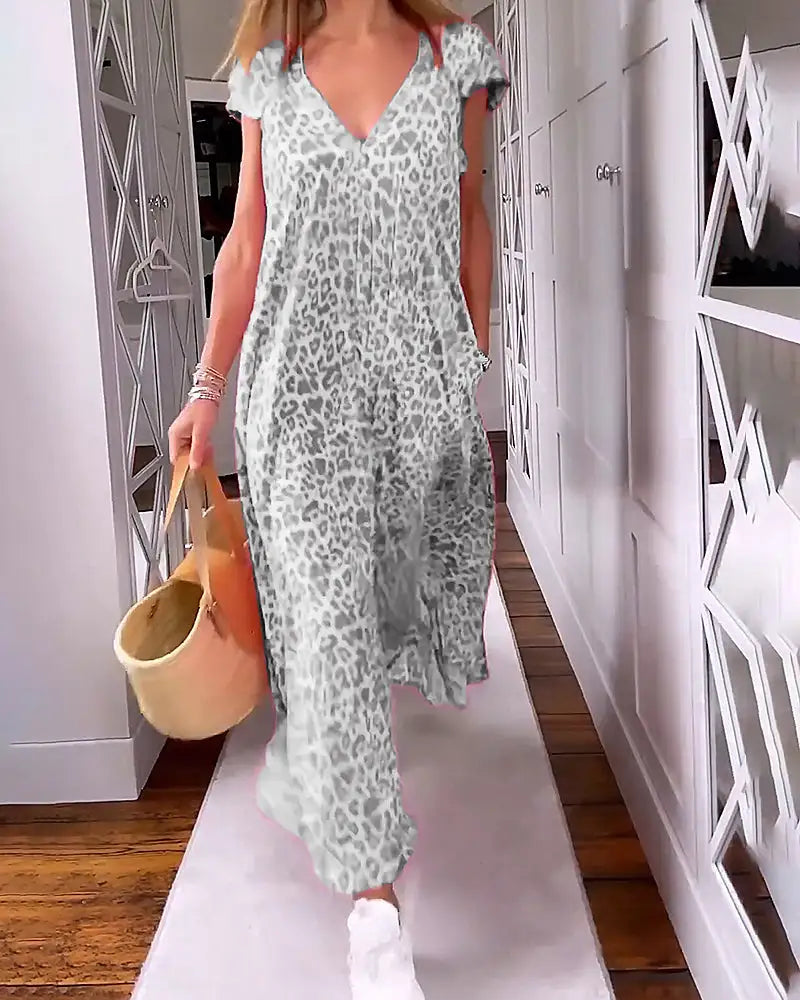 🌸Spring Sale 50% OFF🍒V-neck Printed Short-sleeved Long Dress