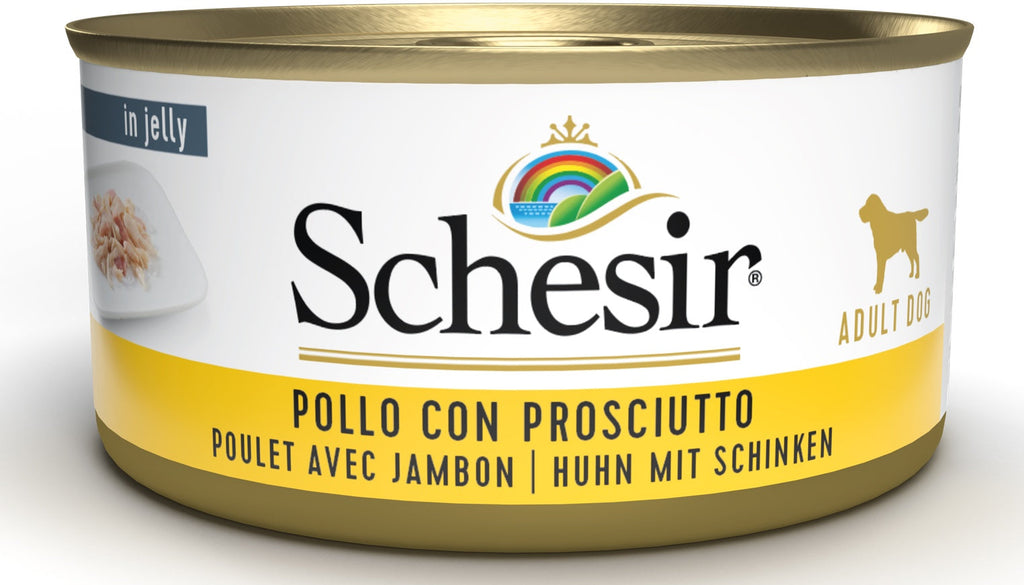 SCHESIR Konzerva za pse Pileći file u želeu sa šunkom, 150g