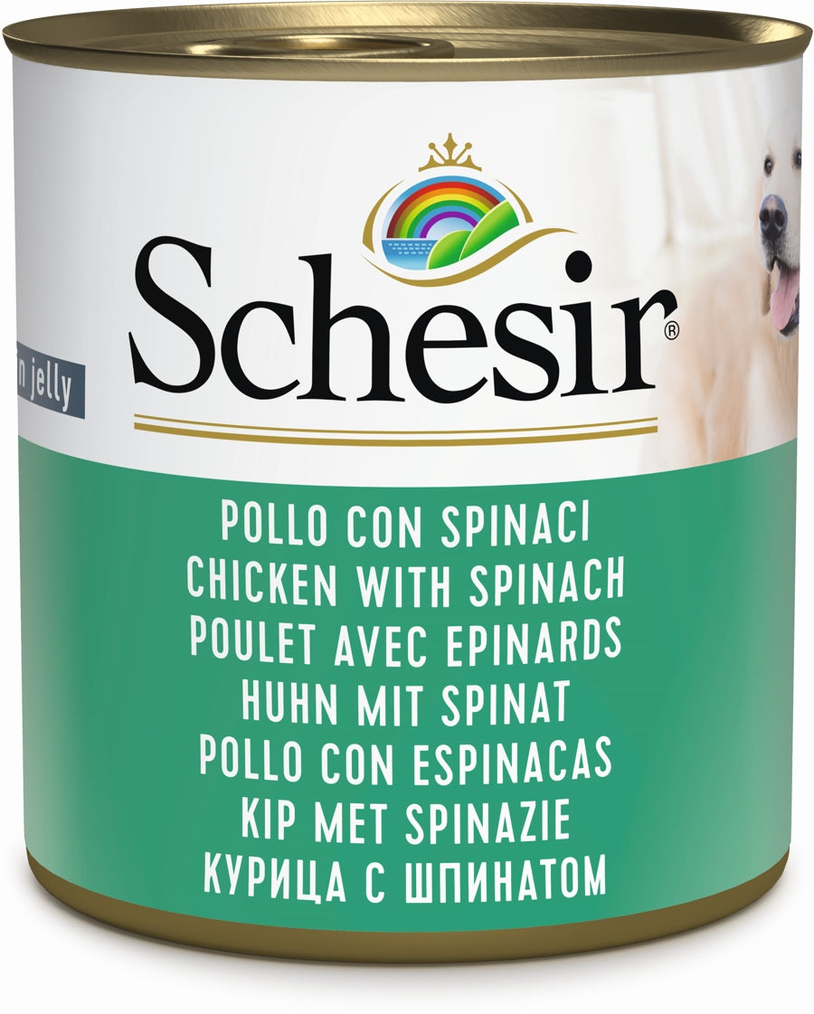 SCHESIR Konzerva za pse Pileći file u želeu sa špinatom, 285g