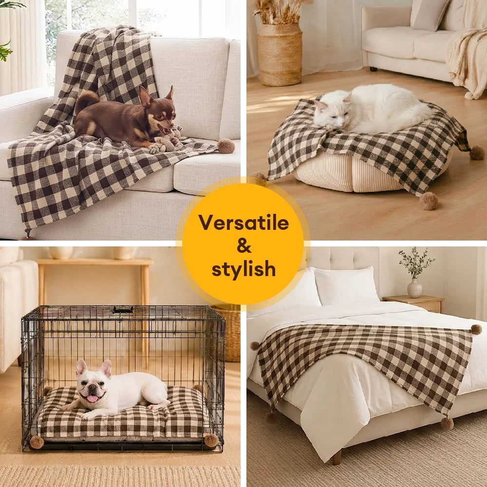 Cozy Reversible Plaid Plush Pet Throw Blanket with Pom-Poms