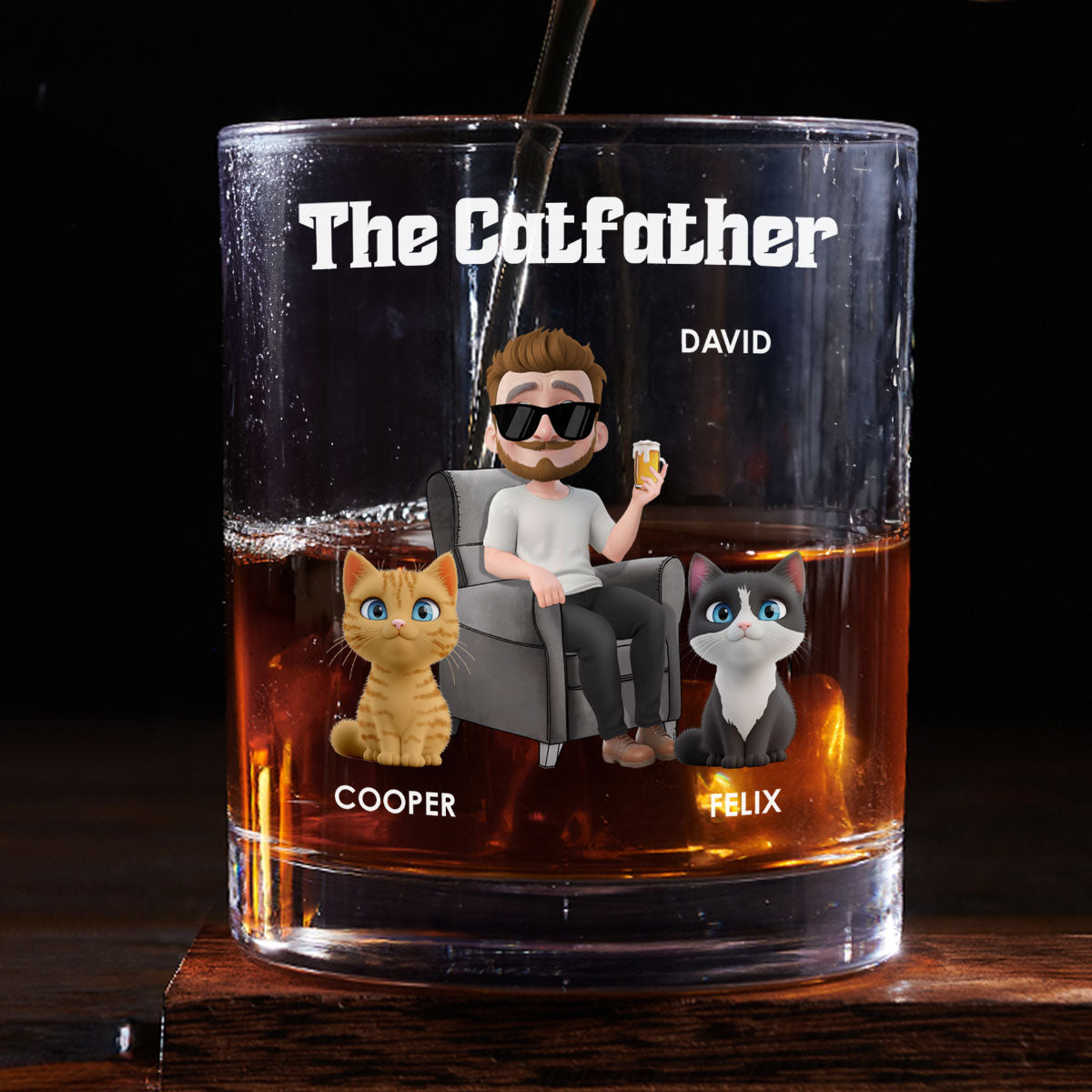 The Catfather Cartoon Version 2 - Personalized Whiskey Glass