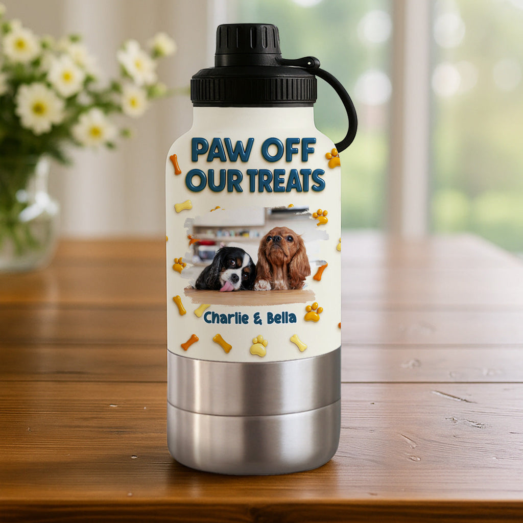 Paw Off My Treats Photo - Personalized 30oz Water Bottle With Pet Bowl